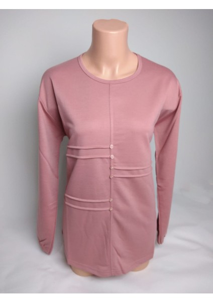 Kadın Pudra Bisiklet Yaka Düğmeli Yırtmaçlı Uzun Kollu Bilek Lastikli Iki Iplik Bluz Tişört modelleri