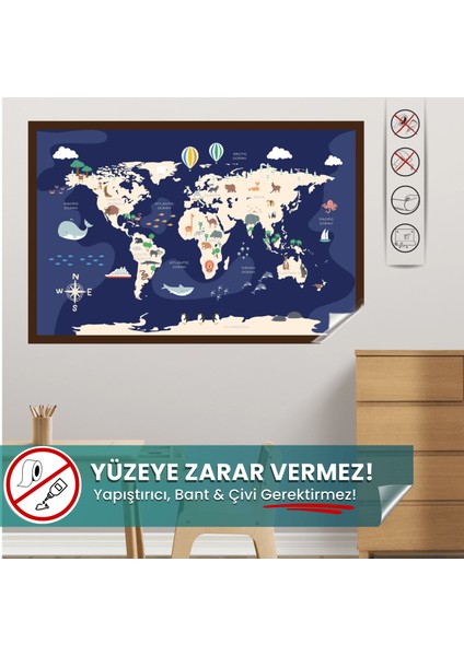 Pi Papers Hayvanlı Dünya Haritası - Eğlenceli Çocuk Odası Sticker, Yüzeye Zarar Vermeyen Sihirli Kağıt Harita