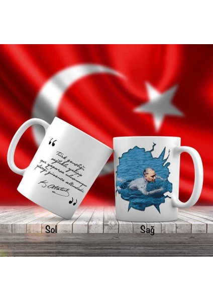 Denizde Yüzen Mustafa Kemal Atatürk - Atatürk'ün Sözleri -Kupa Bardak