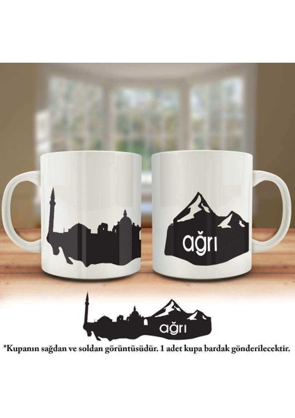 Asil Hediyelik Çift Yön Renkli Baskılı Ağrı Silüeti - Şehir Kupa Bardak