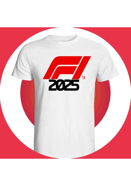 Formula 1 Tasarımlı 2025 Özel Koleksiyon Ön Taraf Baskılı Beyaz T-Shirt Tişört