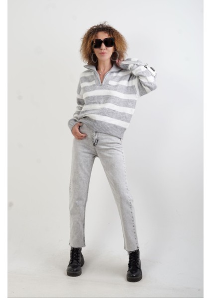 Gri Çizgili Fermuarlı Kazak fiyatları