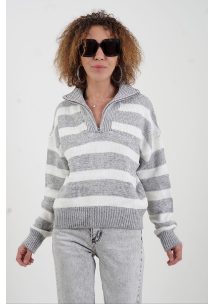 Gri Çizgili Fermuarlı Kazak modelleri