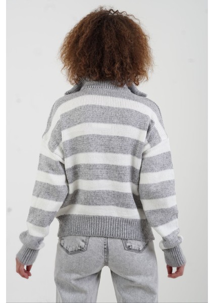 Gri Çizgili Fermuarlı Kazak fırsatları