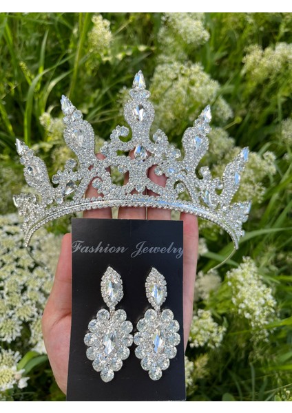 Beyaz Kristal Taşlı Yüksek Model Gelin Tacı