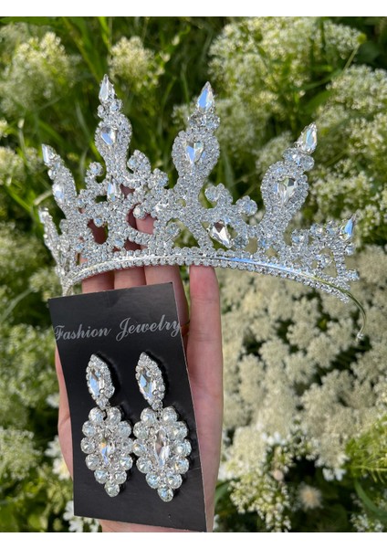 Beyaz Kristal Taşlı Yüksek Model Gelin Tacı fırsatları