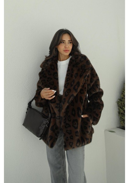 Kahve Leopar Suni Kürk Kaban