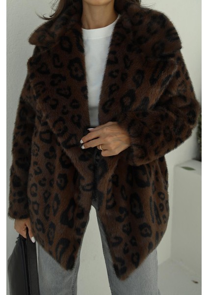 Kahve Leopar Suni Kürk Kaban fırsatları