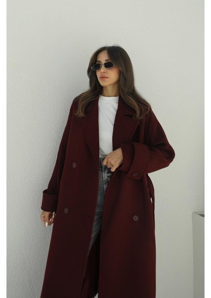 Bordo Kuşaklı Premium Kaşe Kaban