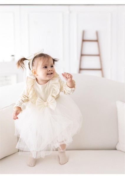 Kadife Kabarık Etekli Kız Çocuk Elbise Bandana Takımı Ekru