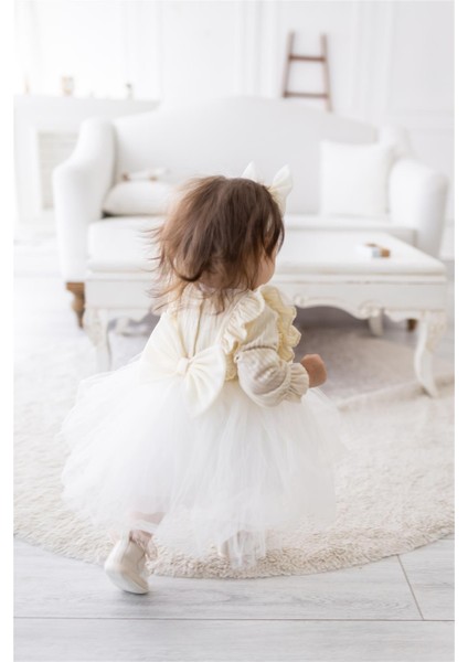 Kadife Kabarık Etekli Kız Çocuk Elbise Bandana Takımı Ekru modelleri