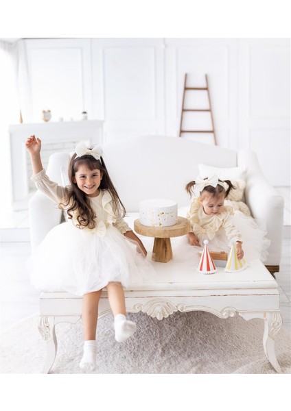 Kadife Kabarık Etekli Kız Çocuk Elbise Bandana Takımı Ekru fırsatları