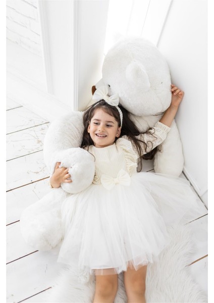 Kadife Kabarık Etekli Kız Çocuk Elbise Bandana Takımı Ekru indirimleri