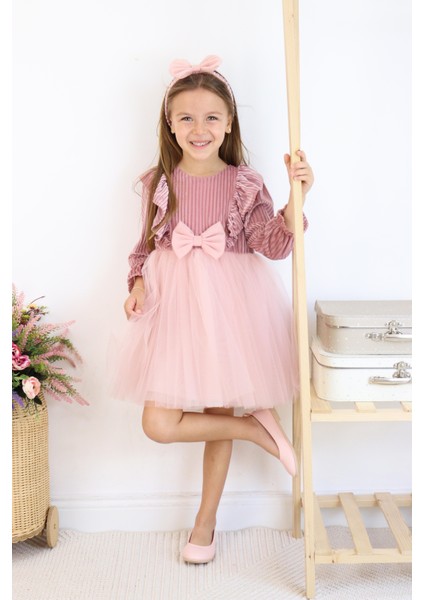 Kadife Kabarık Etekli Kız Çocuk Elbise Bandana Takımı Pembe