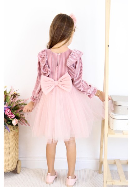 Kadife Kabarık Etekli Kız Çocuk Elbise Bandana Takımı Pembe fiyatları