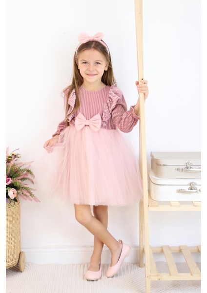 Kadife Kabarık Etekli Kız Çocuk Elbise Bandana Takımı Pembe modelleri