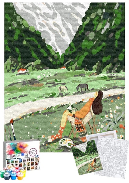 Sayılarla Boyama Seti 40 x 50 cm Tuval Şasesine Gerili Dağın Eteğinde