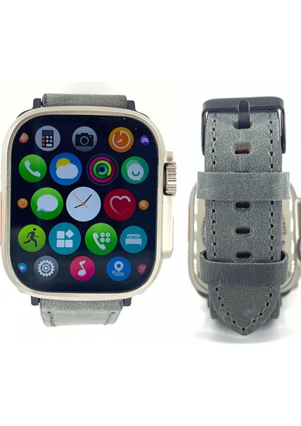 Apple Watch UYUMLU%100 Hakiki Gri Renk Deri Kordon 38MM,40MM,41MM,42MM,44MM,45MM,49MM ile Uyumlu Orijinal Deri Kordon