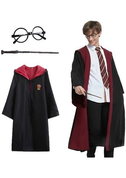 Harry Potter Gryffindor Kapişonlu Çocuk Kostüm + Asa + Gözlük Seti 7-8 Yaş