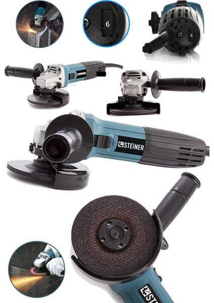 Germany Technology 2400 W 125MM Professional 6 Kademe Devir Ayarlı Avuç Içi Taşlama Makinesi