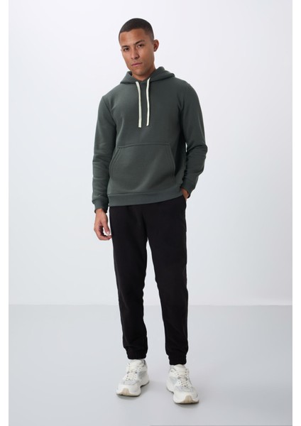 Haki Pamuklu Kalın Içi Tüylü Yumuşak Dokulu Comfort Fit Nakışlı Erkek Sweatshirt - 88419