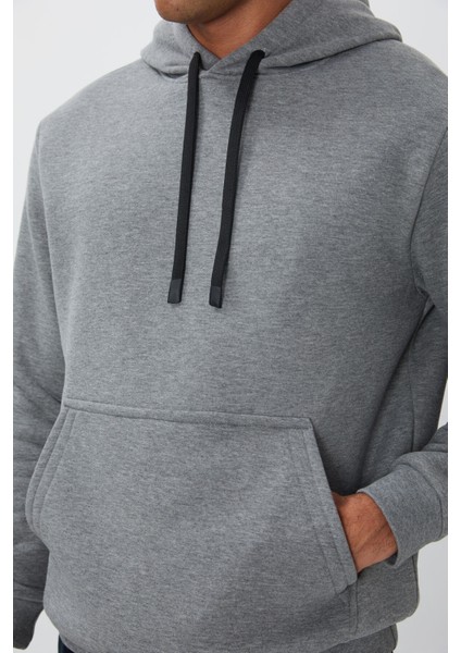 Gri Melanj Pamuklu Kalın Içi Tüylü Yumuşak Dokulu Comfort Fit Nakışlı Erkek Sweatshirt - 88419