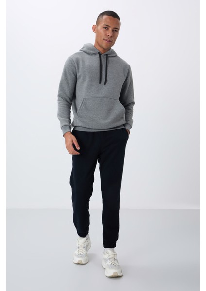 Gri Melanj Pamuklu Kalın Içi Tüylü Yumuşak Dokulu Comfort Fit Nakışlı Erkek Sweatshirt - 88419