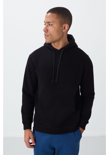 Siyah Pamuklu Kalın Içi Tüylü Yumuşak Dokulu Comfort Fit Nakışlı Erkek Sweatshirt - 88419