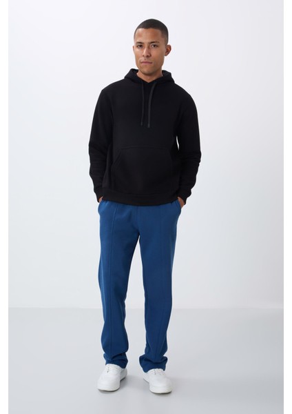 Siyah Pamuklu Kalın Içi Tüylü Yumuşak Dokulu Comfort Fit Nakışlı Erkek Sweatshirt - 88419