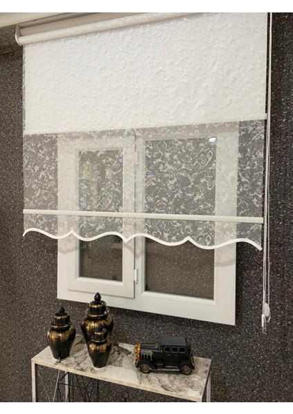 Çift Mekanizmalı Bulut Desenli Tül ve Stor Perde Kırık Beyaz ( fiyatları