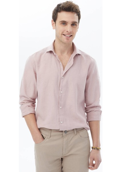Pembe Düz Regular Fit Dokuma Casual Pamuk Karışımlı Gömlek