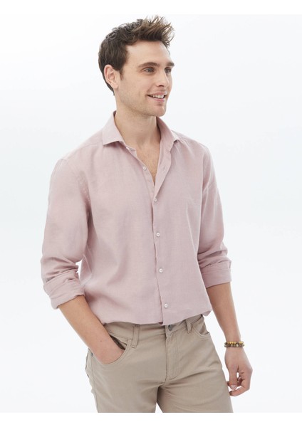Pembe Düz Regular Fit Dokuma Casual Pamuk Karışımlı Gömlek