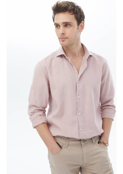 Pembe Düz Regular Fit Dokuma Casual Pamuk Karışımlı Gömlek