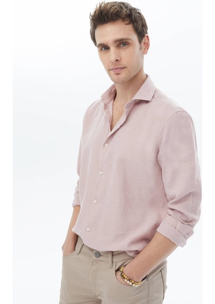 Pembe Düz Regular Fit Dokuma Casual Pamuk Karışımlı Gömlek