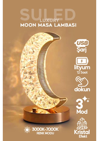 Dekoratif Ay Işığı Hilal Masa Lambası Crystal Moon USB Şarjlı 3 Modlu Ambiyans LED Gece Lambası