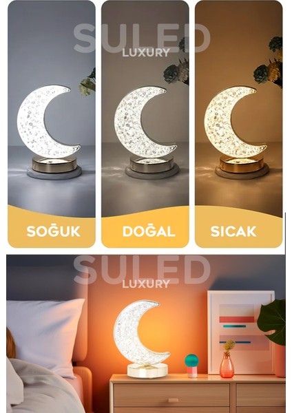 Dekoratif Ay Işığı Hilal Masa Lambası Crystal Moon USB Şarjlı 3 Modlu Ambiyans LED Gece Lambası