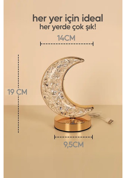 Dekoratif Ay Işığı Hilal Masa Lambası Crystal Moon USB Şarjlı 3 Modlu Ambiyans LED Gece Lambası