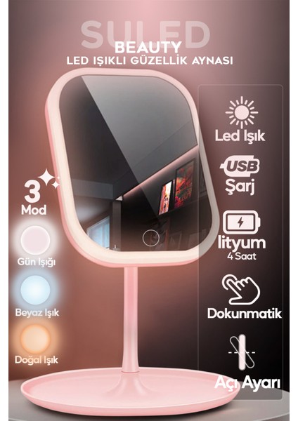 LED Işıklı Makyaj Aynası 3 Modlu USB Şarjlı Dikdörtgen Taşınabilir Açı Ayarlı Güzellik Ayna fiyatları