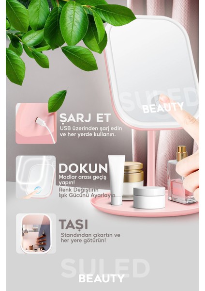 LED Işıklı Makyaj Aynası 3 Modlu USB Şarjlı Dikdörtgen Taşınabilir Açı Ayarlı Güzellik Ayna modelleri