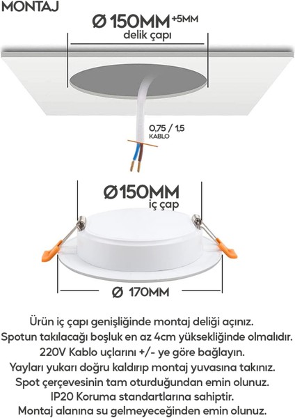 12W Spot LED Lamba 2'li Set Gömme Spot Işık 1080LM Beyaz Işık Tasarruflu Tavan Dolap Ev & Iş Yeri