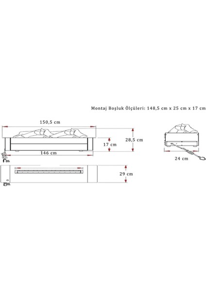 150 cm Üç Boyutlu Elektrikli Şömine - Odun Çıtırtı Sesi - Su Buharlı