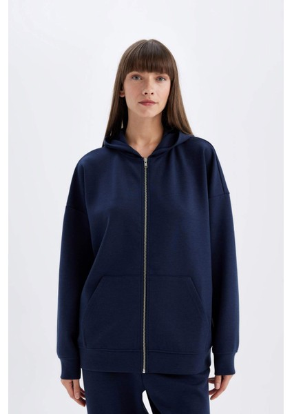 Lacivert Oversize Fit Geniş Kalıp Kapüşonlu Basic Düz Skuba Dalgıç Kumaş Cepli Fermuarlı Sweatshirt C6871AX24AU