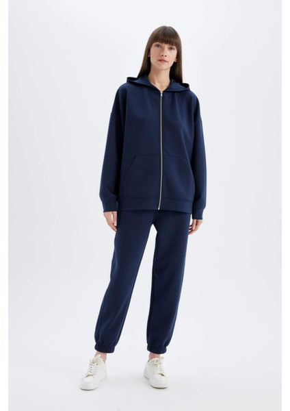 Lacivert Oversize Fit Geniş Kalıp Kapüşonlu Basic Düz Skuba Dalgıç Kumaş Cepli Fermuarlı Sweatshirt C6871AX24AU