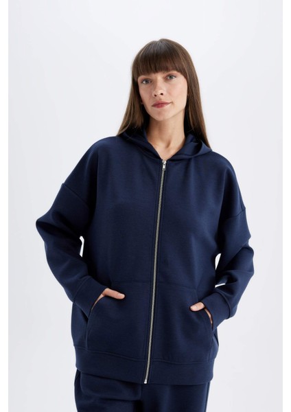Lacivert Oversize Fit Geniş Kalıp Kapüşonlu Basic Düz Skuba Dalgıç Kumaş Cepli Fermuarlı Sweatshirt C6871AX24AU