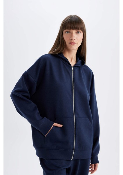 Lacivert Oversize Fit Geniş Kalıp Kapüşonlu Basic Düz Skuba Dalgıç Kumaş Cepli Fermuarlı Sweatshirt C6871AX24AU