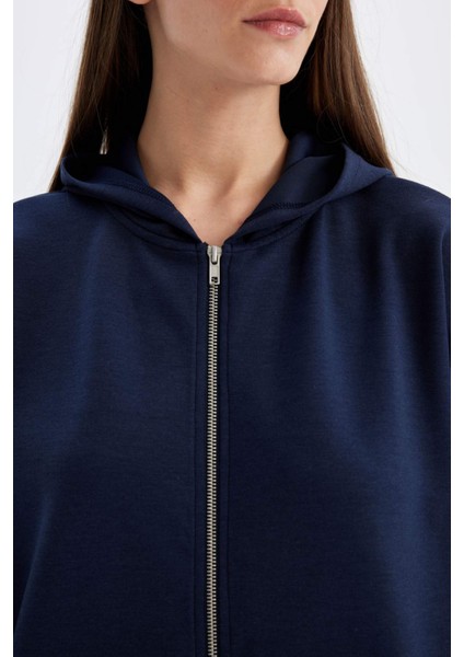 Lacivert Oversize Fit Geniş Kalıp Kapüşonlu Basic Düz Skuba Dalgıç Kumaş Cepli Fermuarlı Sweatshirt C6871AX24AU