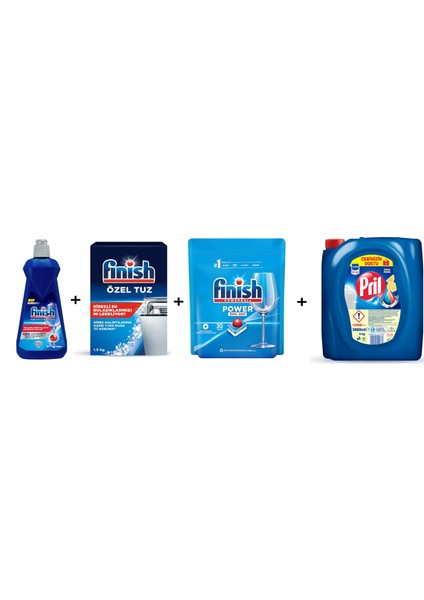 Bulaşık Makinesi Tuzu 1.5 Kg + Finish Parlatıcı 400 Ml + Finish Power 30 Tablet Bulaşık Kapsülü + Pril 4 kg Sıvı Deterjan 4'lü Set