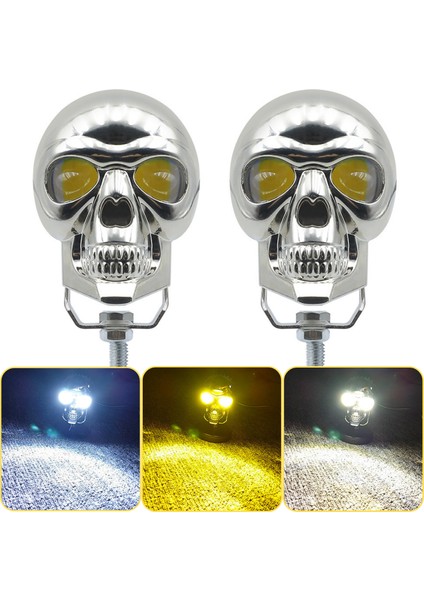 LED Motosiklet Aydınlatma Sis Lambası Skull Tasarımlı 3 Modlu 12V-24V Yüksek Performanslı Far 2 Adet