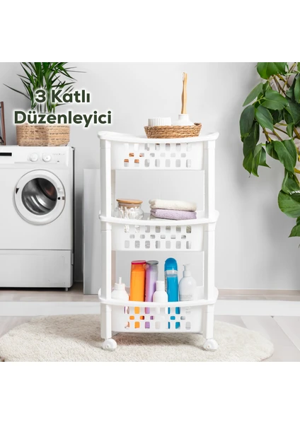 Porsima 78-1 3 Katlı Tekerlekli Organizer Raf  Çok Amaçlı Mutfak Banyo Düzenleyici Raf Ünitesi Beyaz