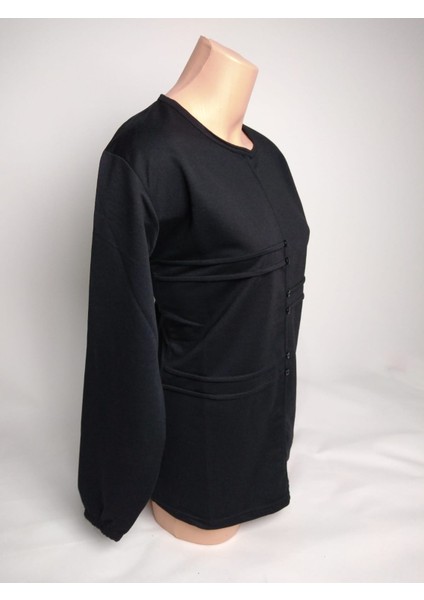 Kadın Siyah Bisiklet Yaka Düğmeli Yırtmaçlı Uzun Kollu Bilek Lastikli Iki Iplik Bluz Tişört